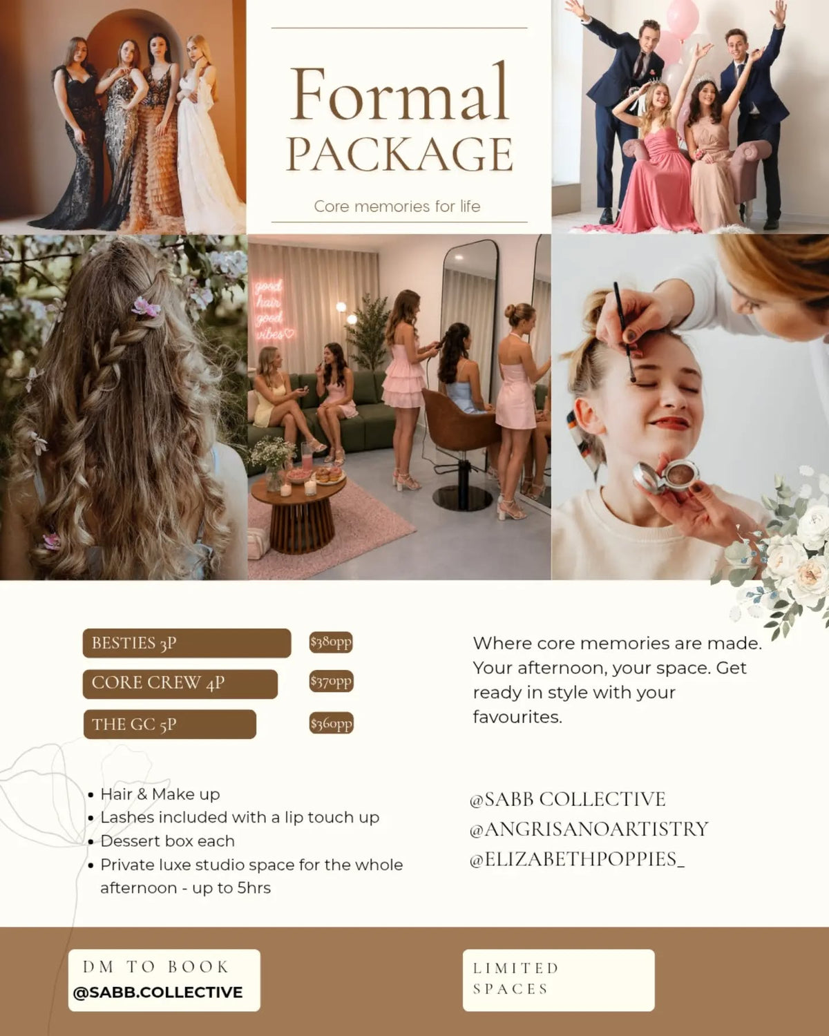 A promotional collage for a 'Formal Package' by SARB Collective, featuring multiple lifestyle photos of brides, groom, and bridal parties, along with text detailing inclusions such as hair and make, lashes, a dessert box, and a private luxury studio session.