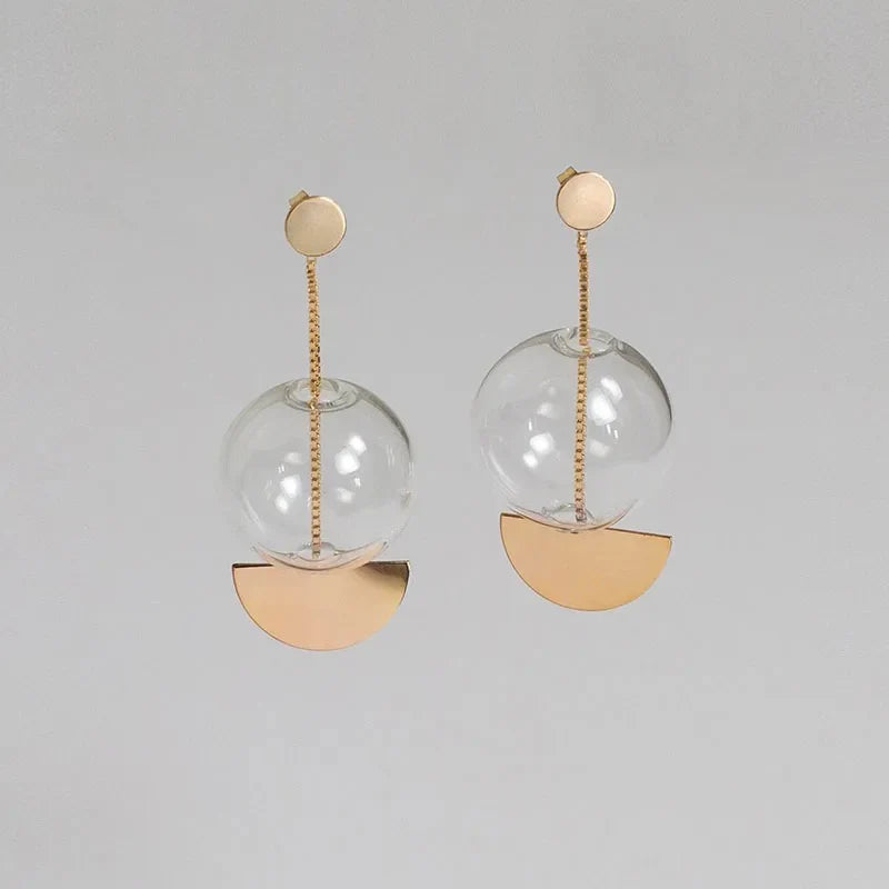 Amadora Earrings – Glass Orb & Gold Half-Moon Drop Jewelry