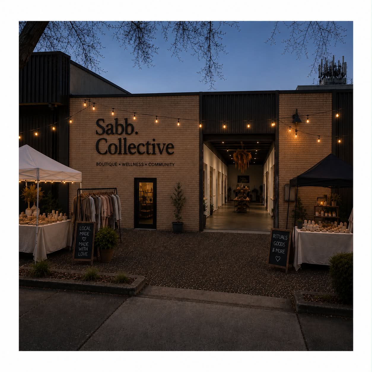 Sabb. Collective boutique storefront at dusk, with brick exterior, string lights, an open entrance, and retail tables set up on both sides.