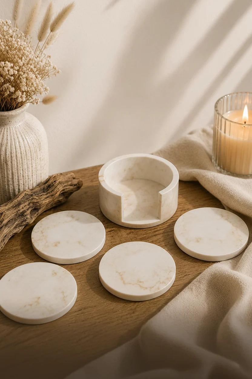 A set of round off-white marble coasters and a matching marble cup or candle holder arranged on a wooden surface with a draped cream cloth, dried flowers in a vase, and a lit candle in the background.