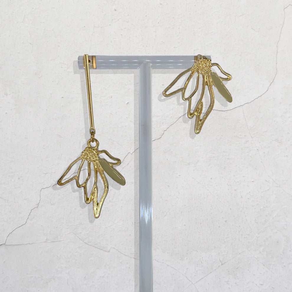 Aster Earrings – Gold Asymmetrical Floral Drop Jewelry - By Audry