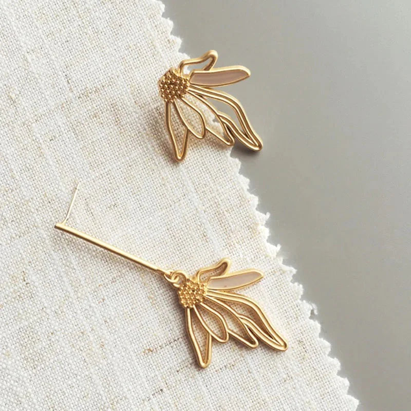 Aster Earrings – Gold Asymmetrical Floral Drop Jewelry - By Audry