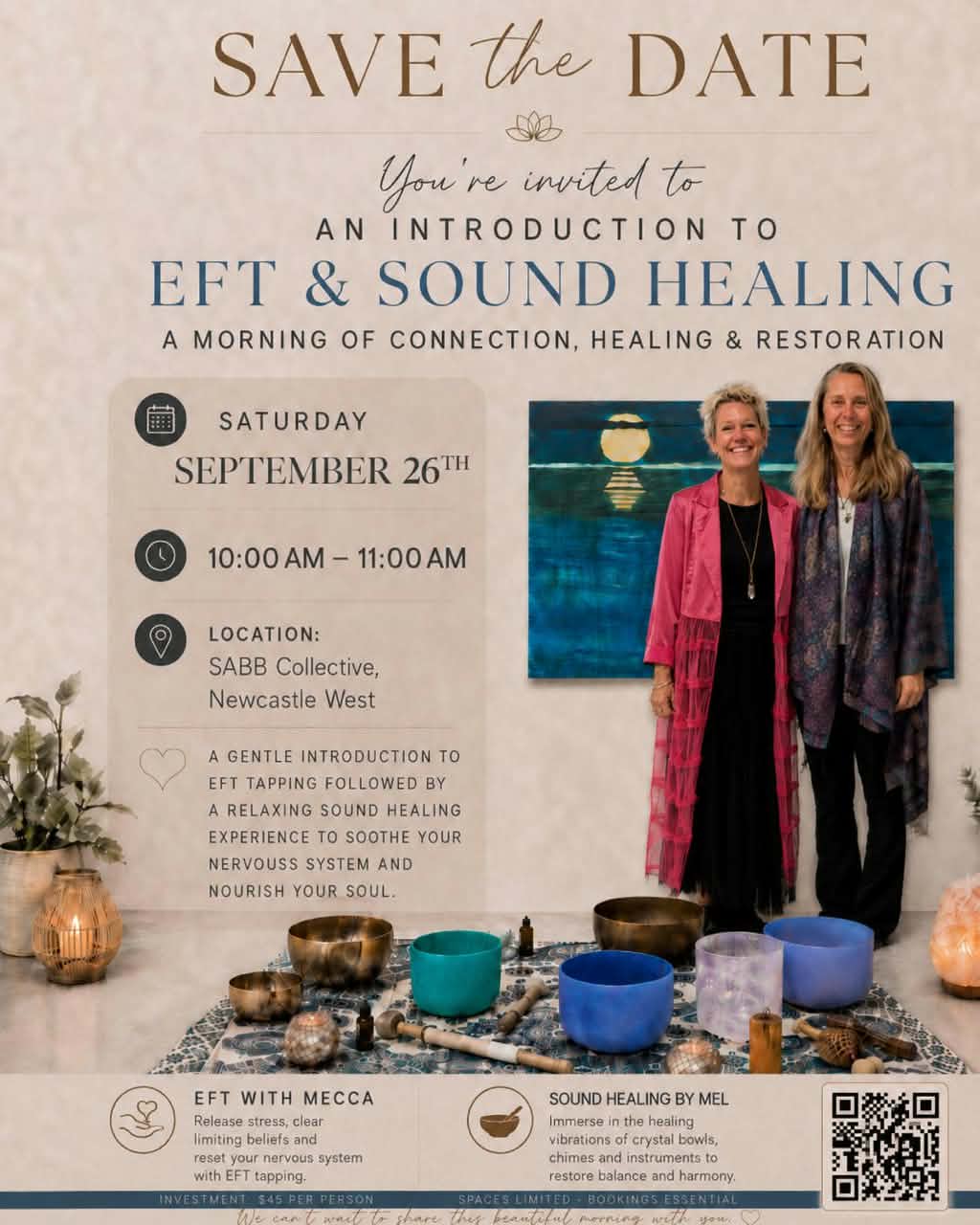 Save the date flyer for an EFT & Sound Healing introduction event on Saturday, September 26th at 10:00 AM - 11:00 AM. The flyer features a beige background with elegant typography, a photo of two women standing in front of a teal painting, and a foreground of meditation tools including teal and blue bowls, a taping gun, and candles.