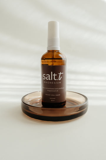 Bottle of salt.t magnesium oil on a white background