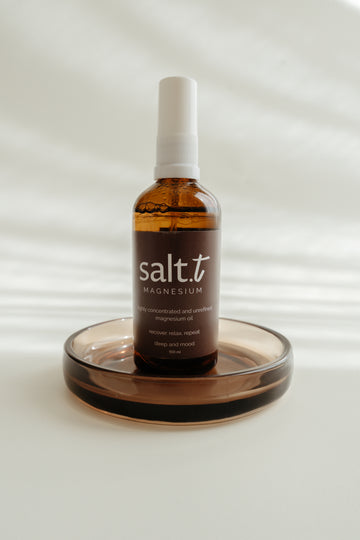 Bottle of salt.t magnesium oil on a white background